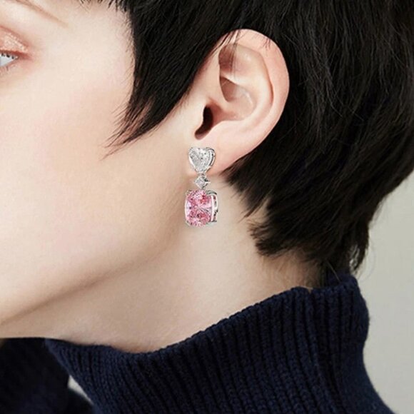 "Pink Radiant Cut Heart Diamond Zircon Drop Earrings for Women, INDN8620 - Picture 3 of 3